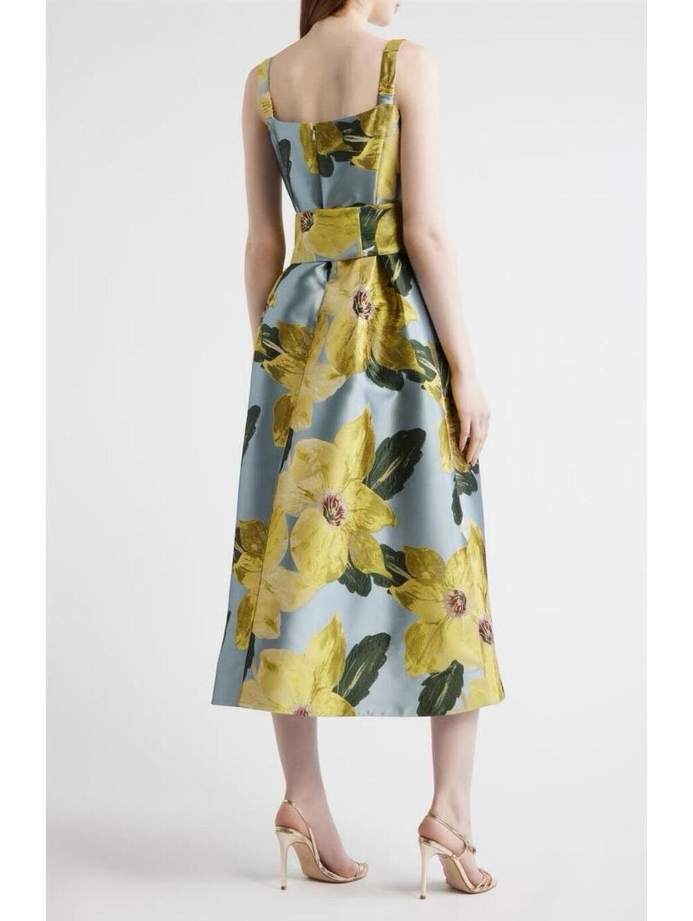 New Julia Jordan Floral Jacquard Midi Cocktail Dress In Yellow Blue Multi Sz 10 - Picture 2 of 14